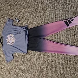 ADIDAS BRAND GIRLS BUNDLE OF  GRAY TOP AND PINK/PURPLE LEGGINGS BOTH SIZE LARGE